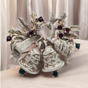 Dodds Vintage White Red Green Rhinestones Christmas Bells Pin Brooch 60s Signed